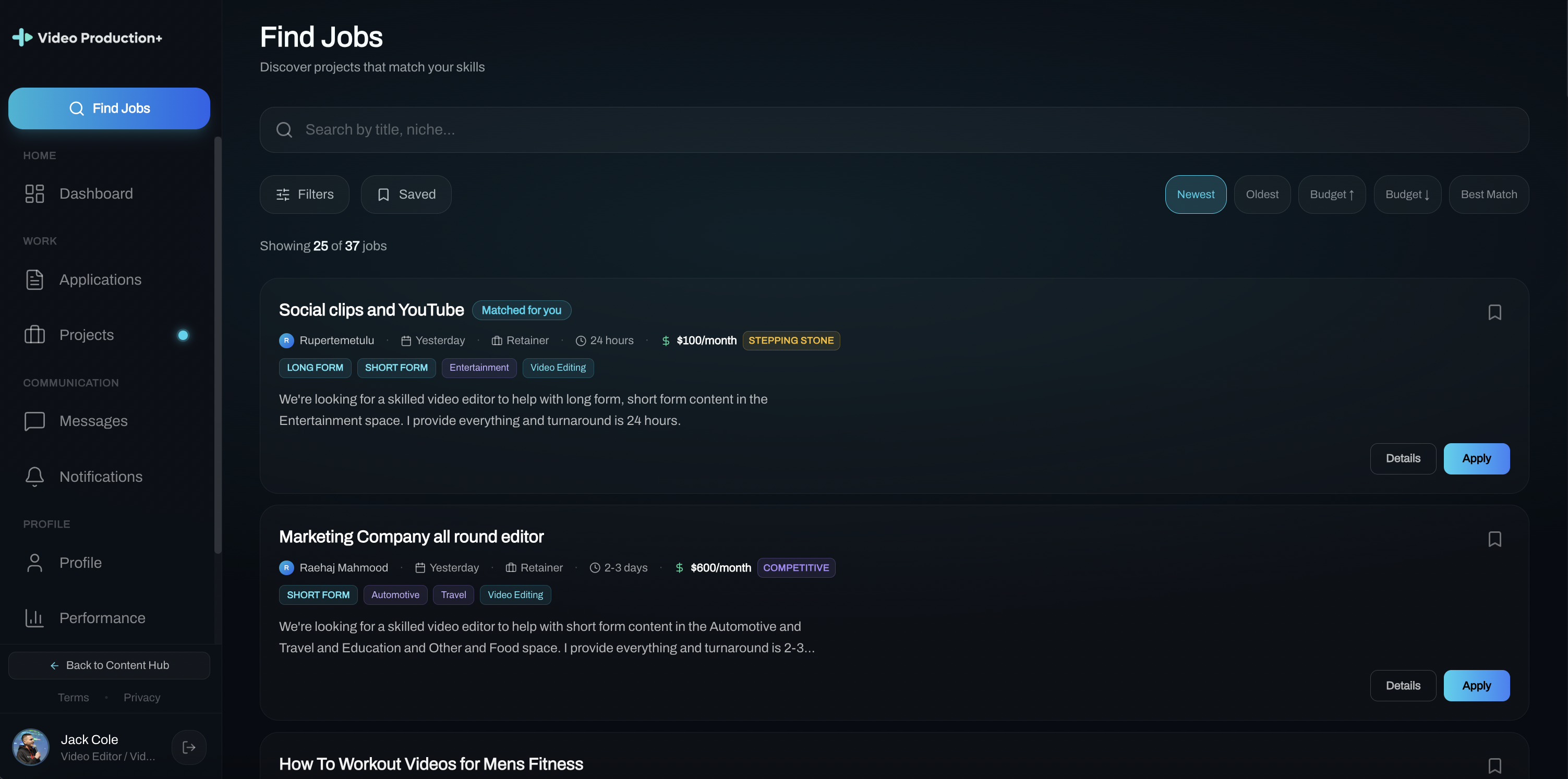 Inside the Video Production+ marketplace dashboard — Find Jobs view with live listings