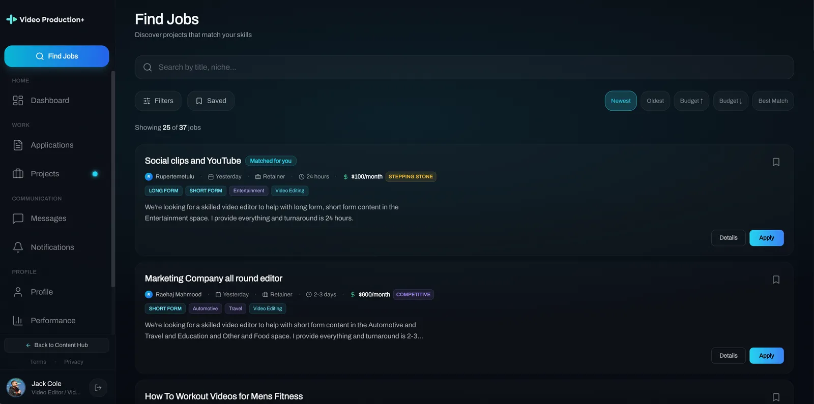 Inside the Video Production+ marketplace dashboard — Find Jobs view with live listings
